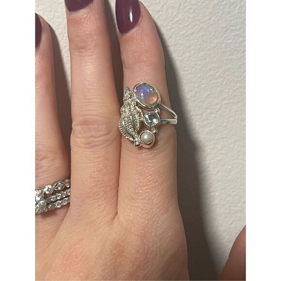 Sterling Silver Silver Ethiopian Opal / Pearl /  Blue Topaz Ring 6 - Picture 7 of 7
